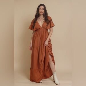 Flawless V‑Neck Terracotta Maxi Dress with Tie Back